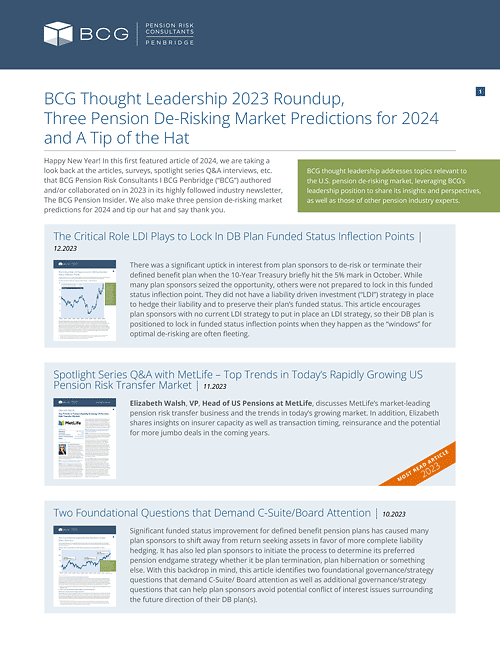 BCG Thought Leadership 2023 Roundup, Three Pension De-Risking Market Predictions for 2024 and A Tip of the Hat